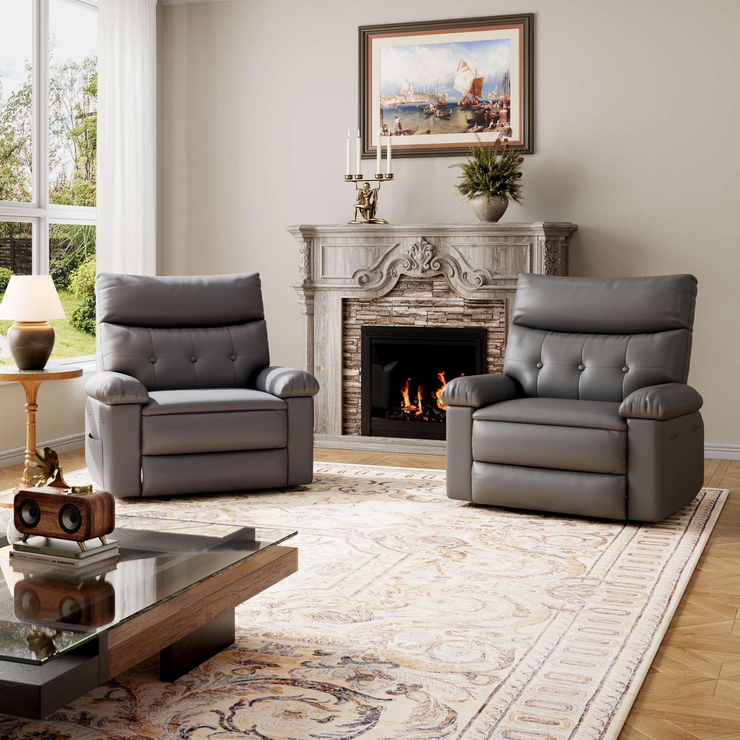 GarveeHome Oversized Wide Recliner Chair - Heat and Massage, PU Leather Extra Wide Manual Recliner for Adults, Large Lazy Chair with 1.5X Sponge Comfort Arm and Back for Living Room, Bedroom