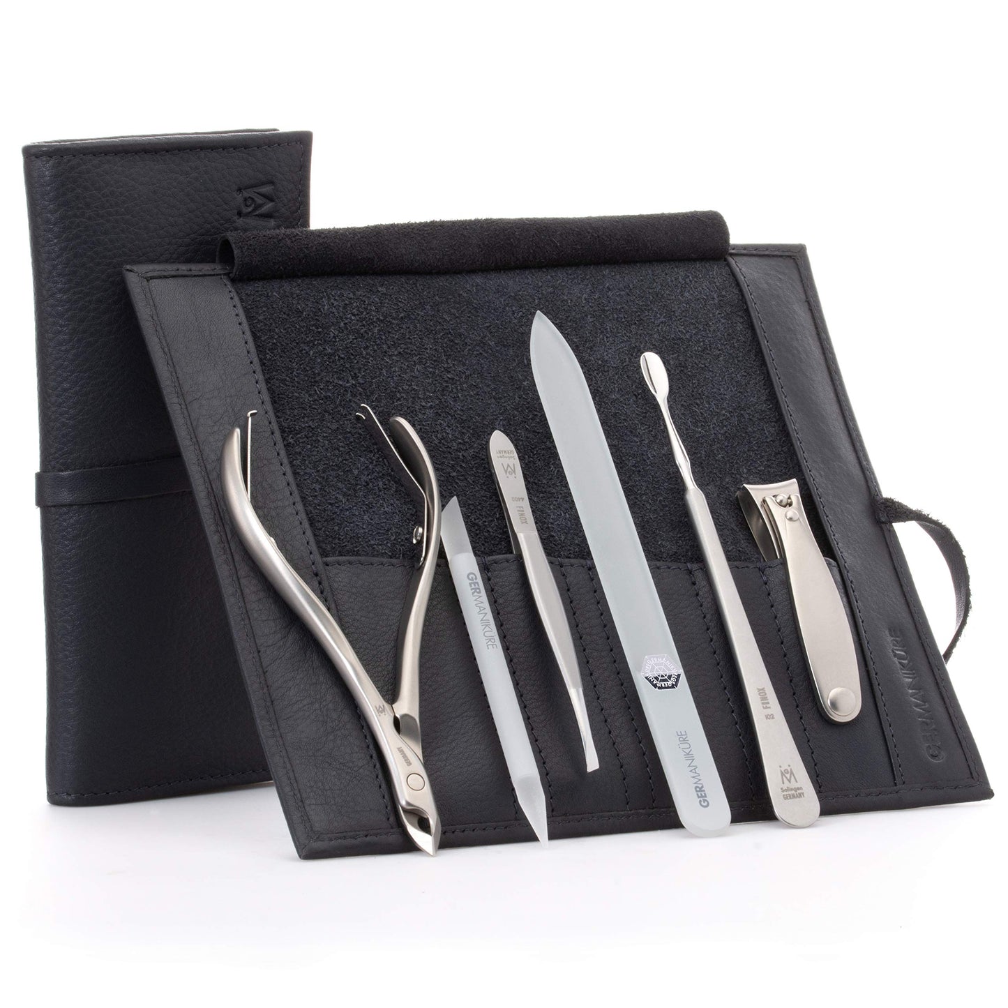 GERMANIKURE 6pc Manicure Set in Black Leather Case - FINOX Stainless Steel Tools Made in Germany, Glass Nail Care Supplies Made in Czech Republic – Professional Cuticle and Nail Care Kit