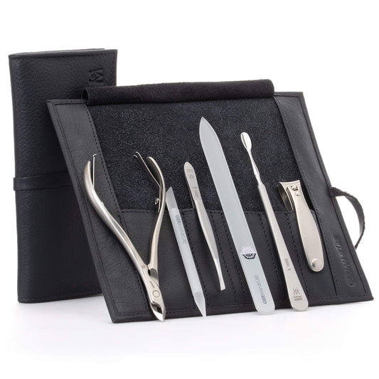 GERMANIKURE 6pc Manicure Set in Black Leather Case - FINOX Stainless Steel Tools Made in Germany, Glass Nail Care Supplies Made in Czech Republic – Professional Cuticle and Nail Care Kit