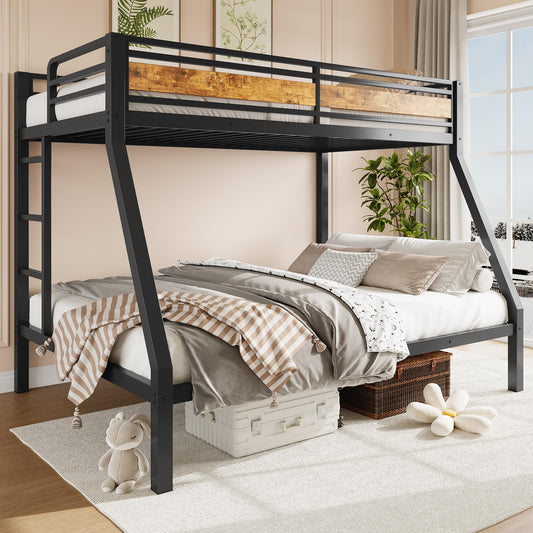 Einhomn Metal Bunk Bed Twin Over Full Size, Heavy Duty Twin Over Full Bunk Bed with Safety Full-Length Guardrail, Steel Bunkbeds for Bedroom, Dorms, Noise Free, Easy Assembly, Vintage Brown