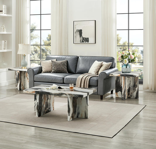 Roundhill Furniture Mchome 3-Piece Coffee Table Set, Coffee Table and Two End Tables, Off-White Faux Marble