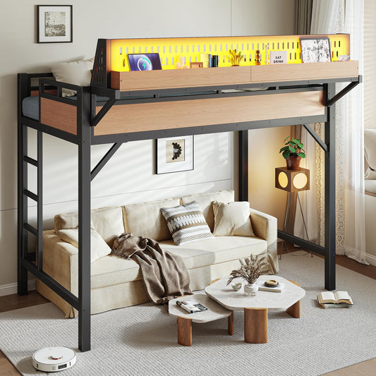 DNYN Metal Loft Bed with Storage Guardrails and Pegboard for Teens Bedroom/Dorm, Twin XL Size Loft Bed Frame with USB Ports and LED, Space-Saving Design & No Box Spring Needed