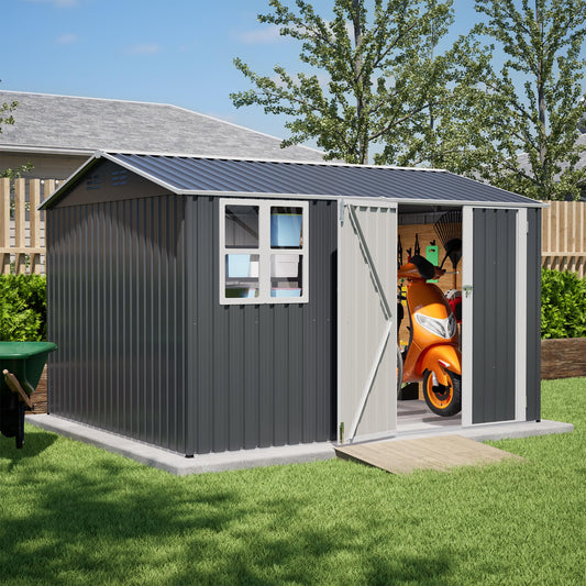 YOPTO 10X8 FT Outdoor Storage Shed,Metal Shed W/Window,Floor Frame & Lockable Swing Door,Garden Tool House W/ 4 Air Vents & Sloped Roof,for Backyard Patio Lawn,Gray