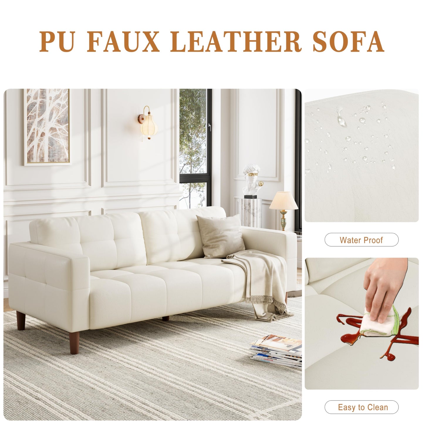 IDEALHOUSE 83” Beige Faux Leather Couch, 3 Seater Sofa Couches with 2 Removable Back Cushions for Living Room, Large Mid Century Modern Office Apartment Couch (Beige)
