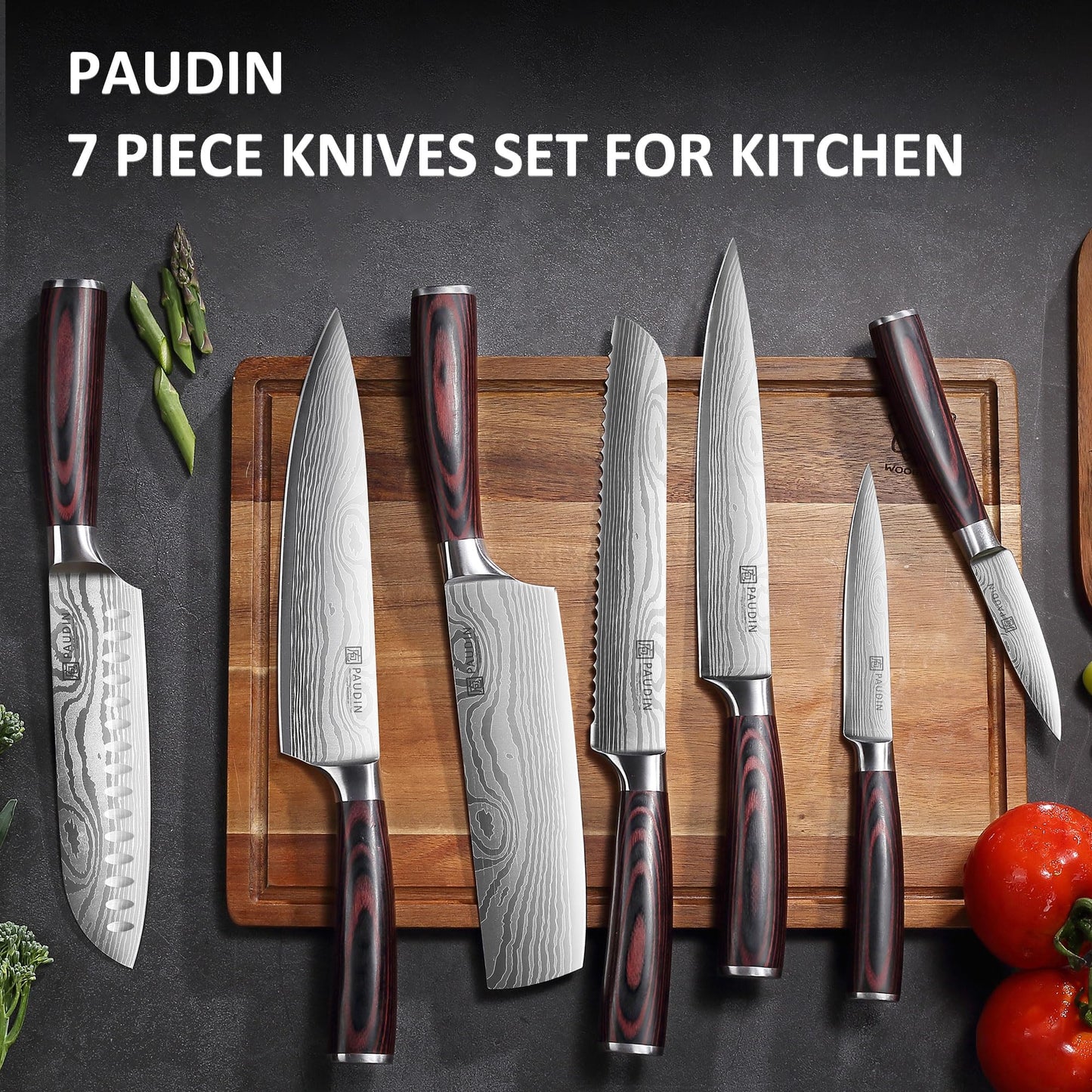 PAUDIN Chef Knife Set, 7 Pieces Kitchen Knife Set, High Carbon Stainless Steel, Ultra Sharp Knife Set, Professional Knives Set for Kitchen with Pakkawood Handle