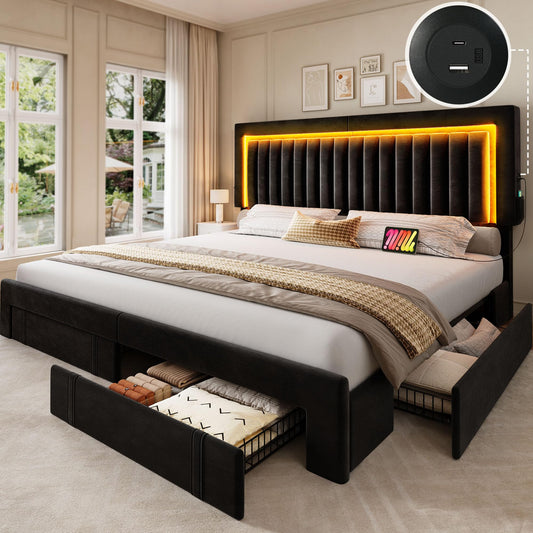 YITAHOME King Size Bed Frame with Velvet Vertical Tufted Upholstered Adjustable Headboard, 4 Storage Drawers, RGB LED Lights and USB Ports, No Box Spring Needed, Fast Assembly, Noise-Free, Black