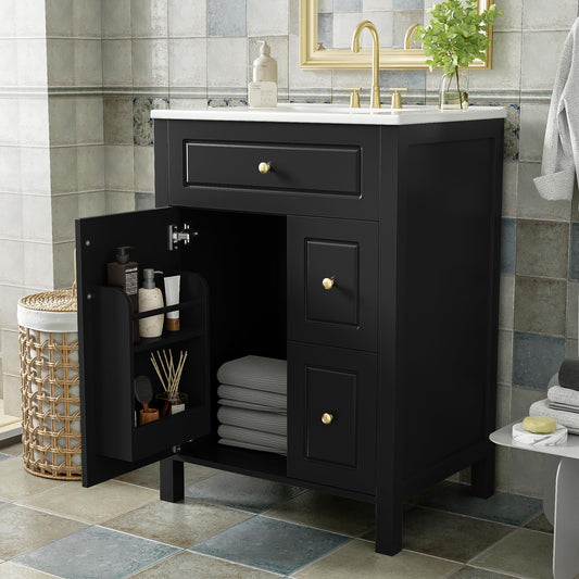 Favfurish 24" Bathroom Vanity with Ceramic Sink,Free Standing Single Basin Vanity w/Soft Close Door and Soft Closing Drawers,Wooden Bath Cabinet with Double Storage Racks on The Door,Black