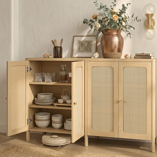 KISLOT 63" Rattan Buffet Cabinet with Storage, Sideboard with Adjustable Shelf, Accent Kitchen Floor Storage Cabinet with 2 Doors, Coffee Bar for Living Room, Entryway, Natural Oak(2 Box)