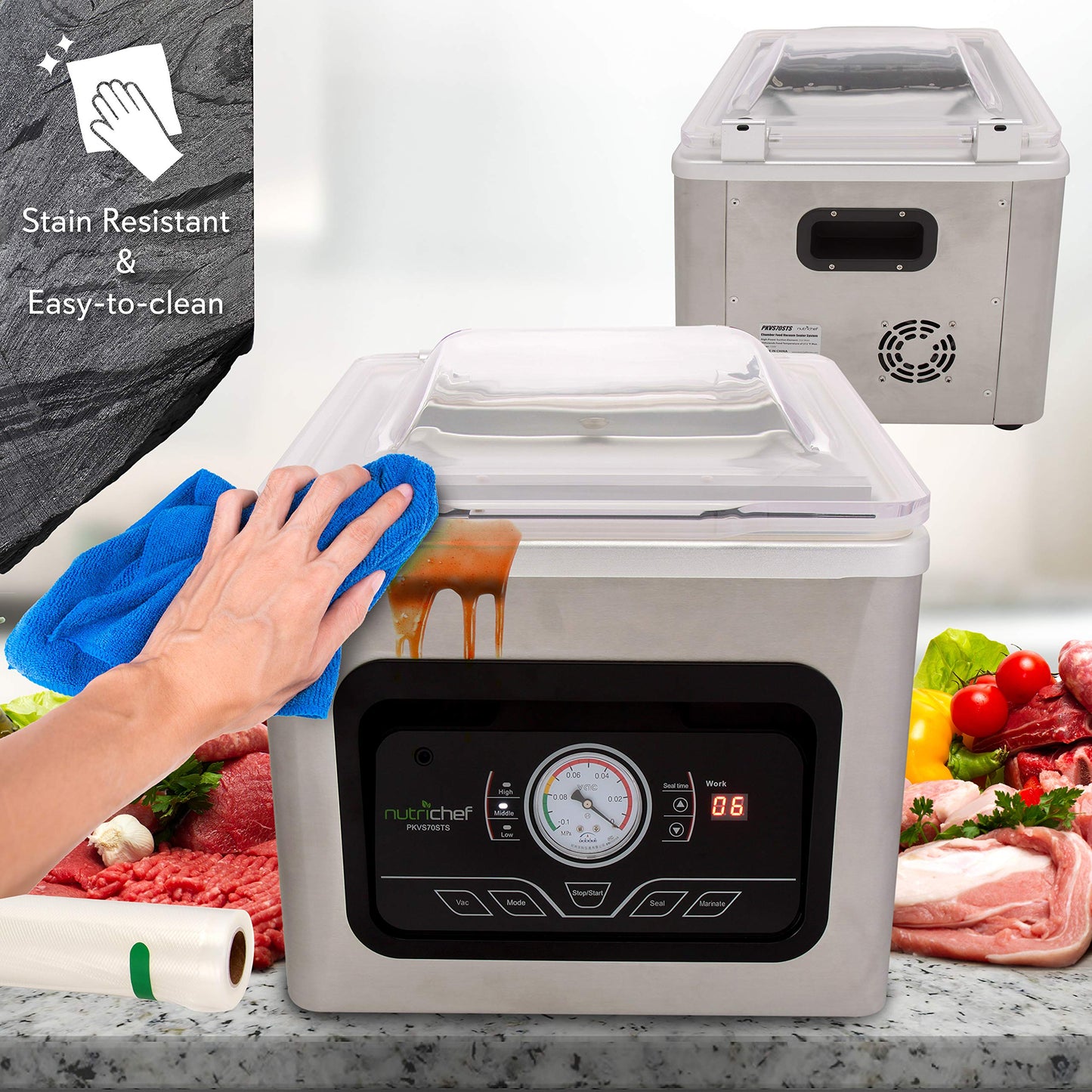 NutriChef 350W Vacuum Sealer Machine - 8L Chamber Commercial Food Sealer, Automatic Meat Packing and Sous Vide System with Digital Control, Includes Vacuum Roll Bags