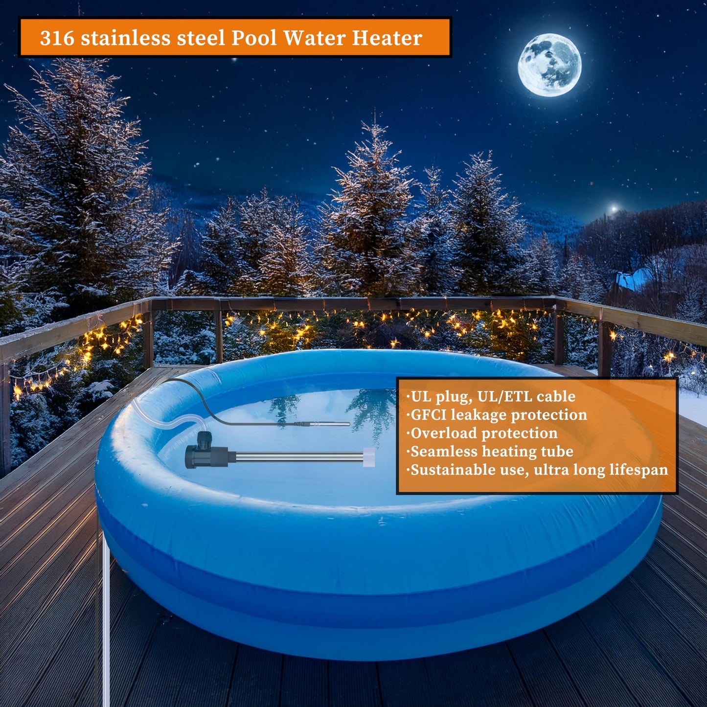 LASTINGCAPE 1500W Fully Submersible Inflatable Hot Tub Heater with Thermostat and GFCI, Portable Electric Water Heater for Bathtubs, Swimming Pools, Above Ground Pools and Baptistry