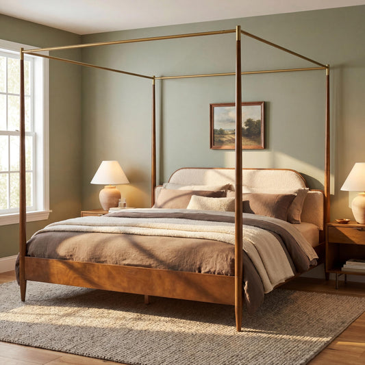 Merax King Size Fleece Fabric Upholstered Canopy Bed Frame, Vintage Four Poster Platform Bed with Solid Wood Legs, Slats Support, No Box Spring Needed, Brown + Off White