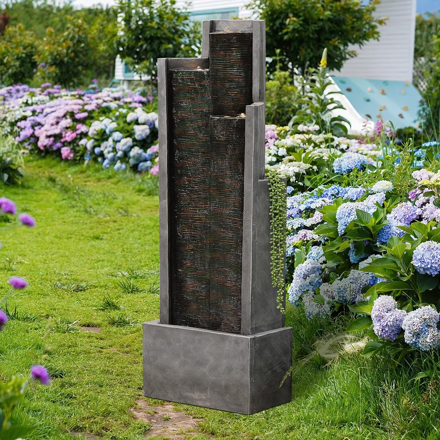 49.6" H Garden Fountains Outdoor Modern Cascading Indoor Water Fountain Tall Floor - Standing Fountain with Lights for Garden, Patio, Yard, Deck and Home Art Decor