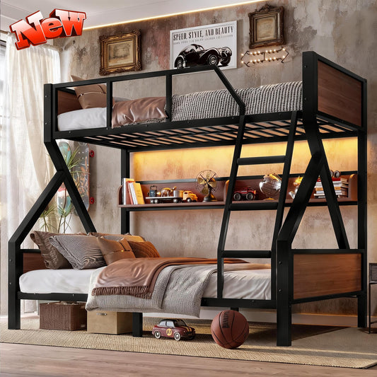 SIMPLEZC Upgraded Version Heavy Duty Thicken Metal Twin Over Full Bunk Bed with Storage Shelves and Lights, Best Industrial Style Bunk Bed Twin Over Full Size with Wood Board for Adults