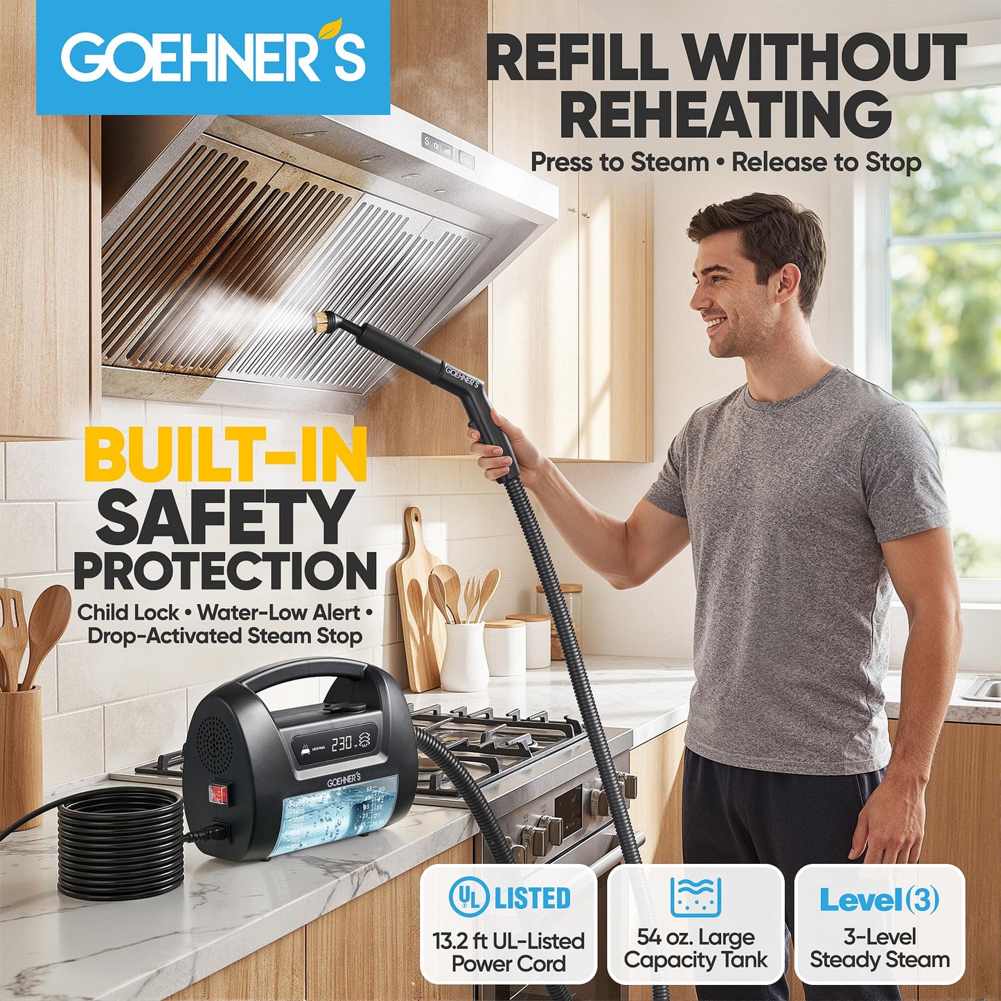 2026 Upgraded Handheld Steam Cleaner, 230°F/3.5 Bar High-Pressure Portable Hand Held Steamer for Home & Car, 30s Heat-Up, Chemical-Free Deep Cleaning for Kitchen, Bathroom, Grout & Car Detailing-Black