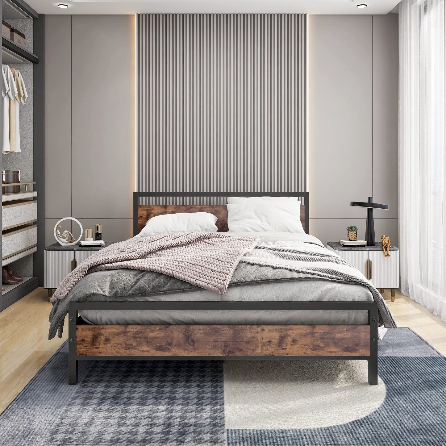 BOFENG Black Queen Size Bed Frames with Wood Headboard,Heavy Duty Platform Bed Frame with Storage No Box Spring Needed,Mattress Foundation,Strong Steel Slats,Noise Free,Brown