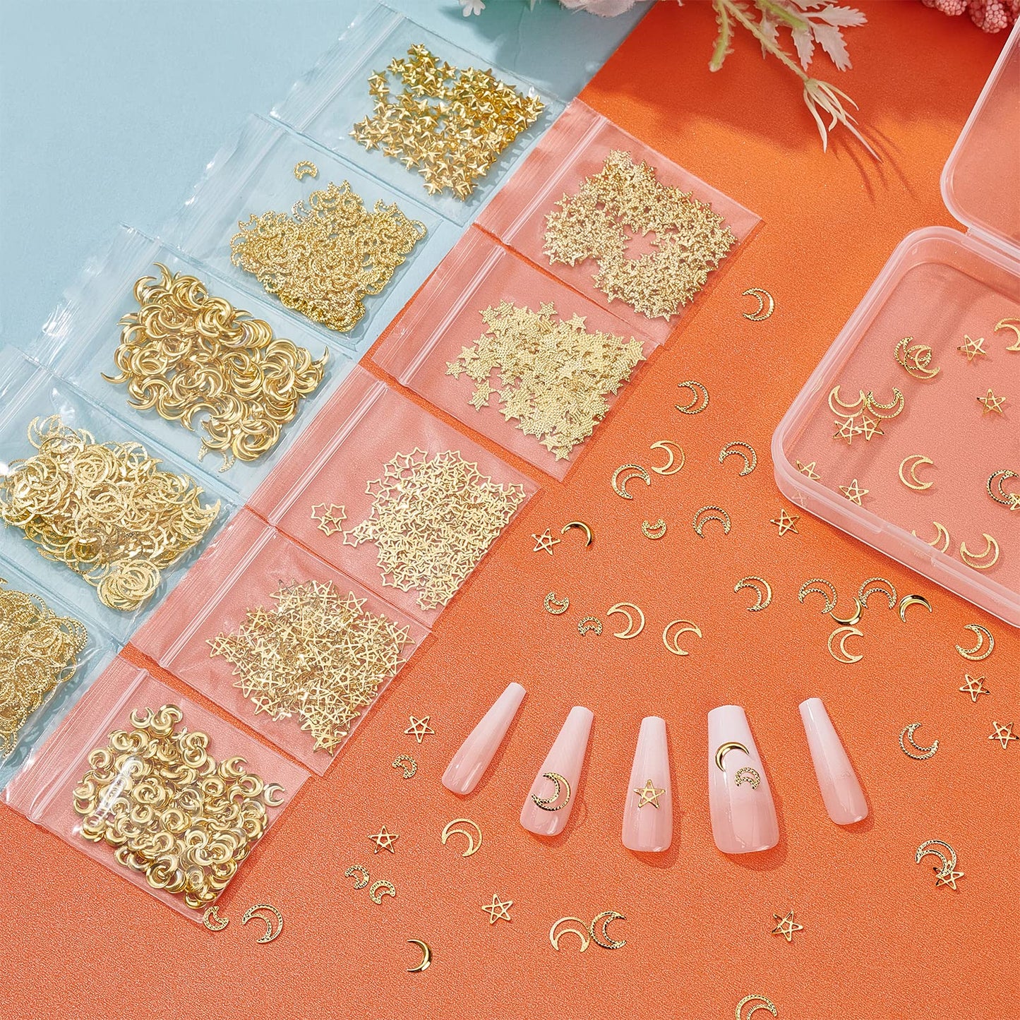 OLYCRAFT 1600PCS Moon Star Resin Fillers Hollow Resin Charms Brass Nail Art Charms Gold Epoxy Resin Supplies Nail Art Decorations for DIY Crafts Jewelry Making