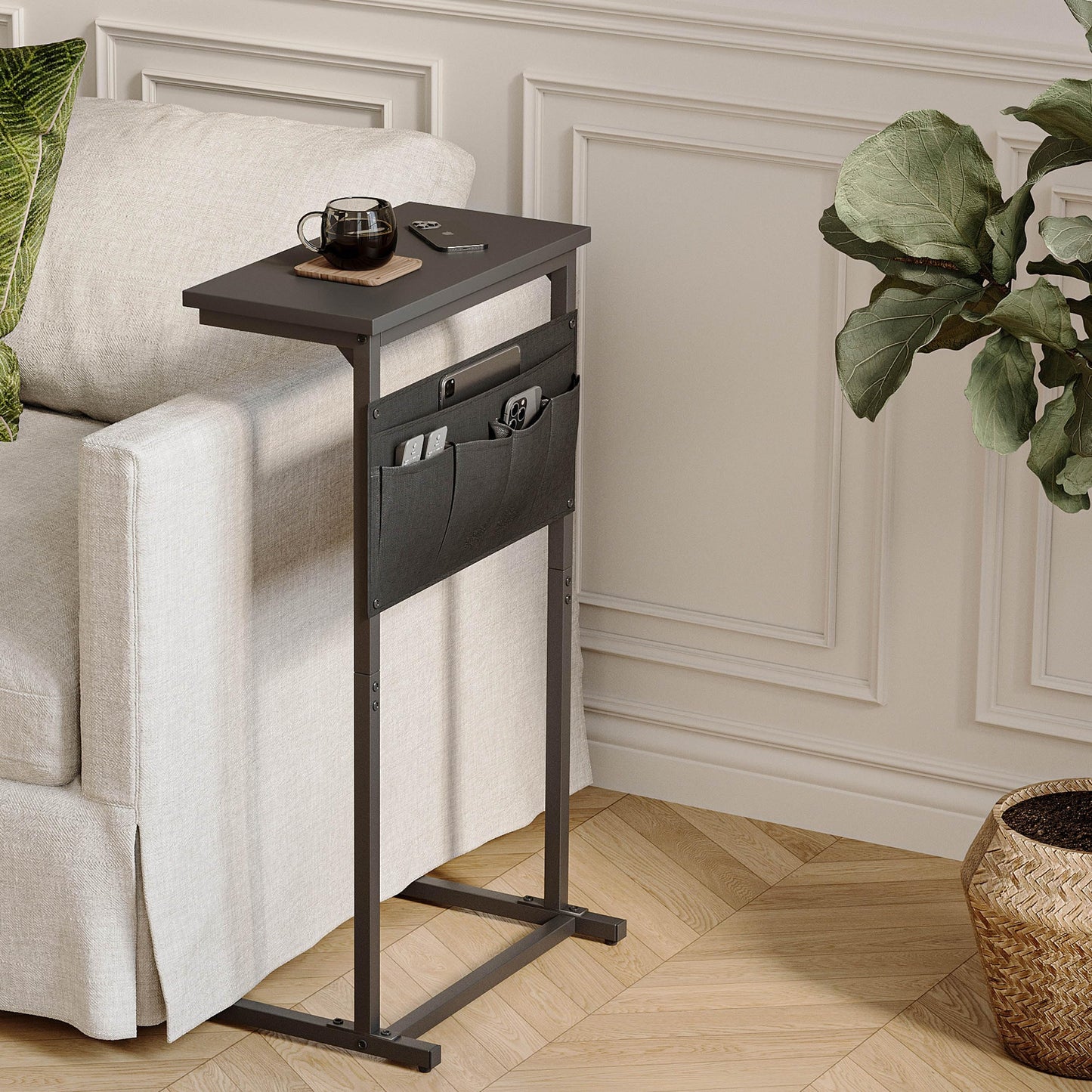 IRCPEN C Shaped End Table, Side Table for Sofa, Small TV Tray, Couch Table with Storage Bag for Small Space, Living Room, Bedroom, Home Office LET501B (Black)