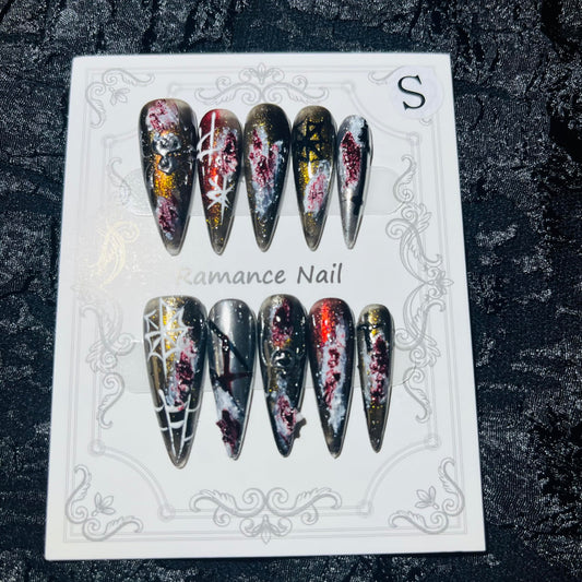 Press on Nails Handmade Nails 10Pcs Gothic Style Manual Nail Art Dark Fake Nails for Women Party Holiday Photo 3.0CM Size S