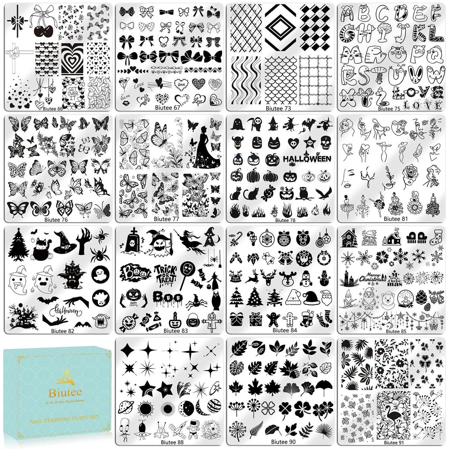 Biutee Nail Stamping Plate 15PCS Nail Stamper Kit Nail Art Stamping Plates Set with Nail Stamper, Scraper & Storage Bag, Nail Stamping Kit Star Bowknot Love Butterfly Leaf Design Template for Nail Art