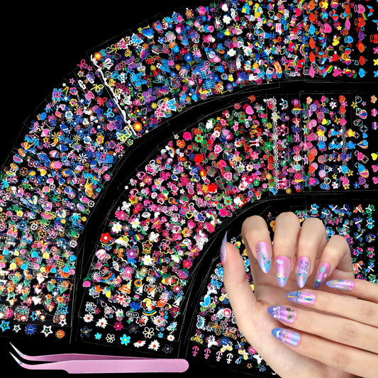 Teenitor 50 Sheets Nail Stickers for Kids, 3D Cute Girls Nail Art Stickers, Heart Flower Butterfly Bow Nail Decals for Nail Art, Fingernail Stickers for Women, Self Adhesive Nail Decorations in Summer