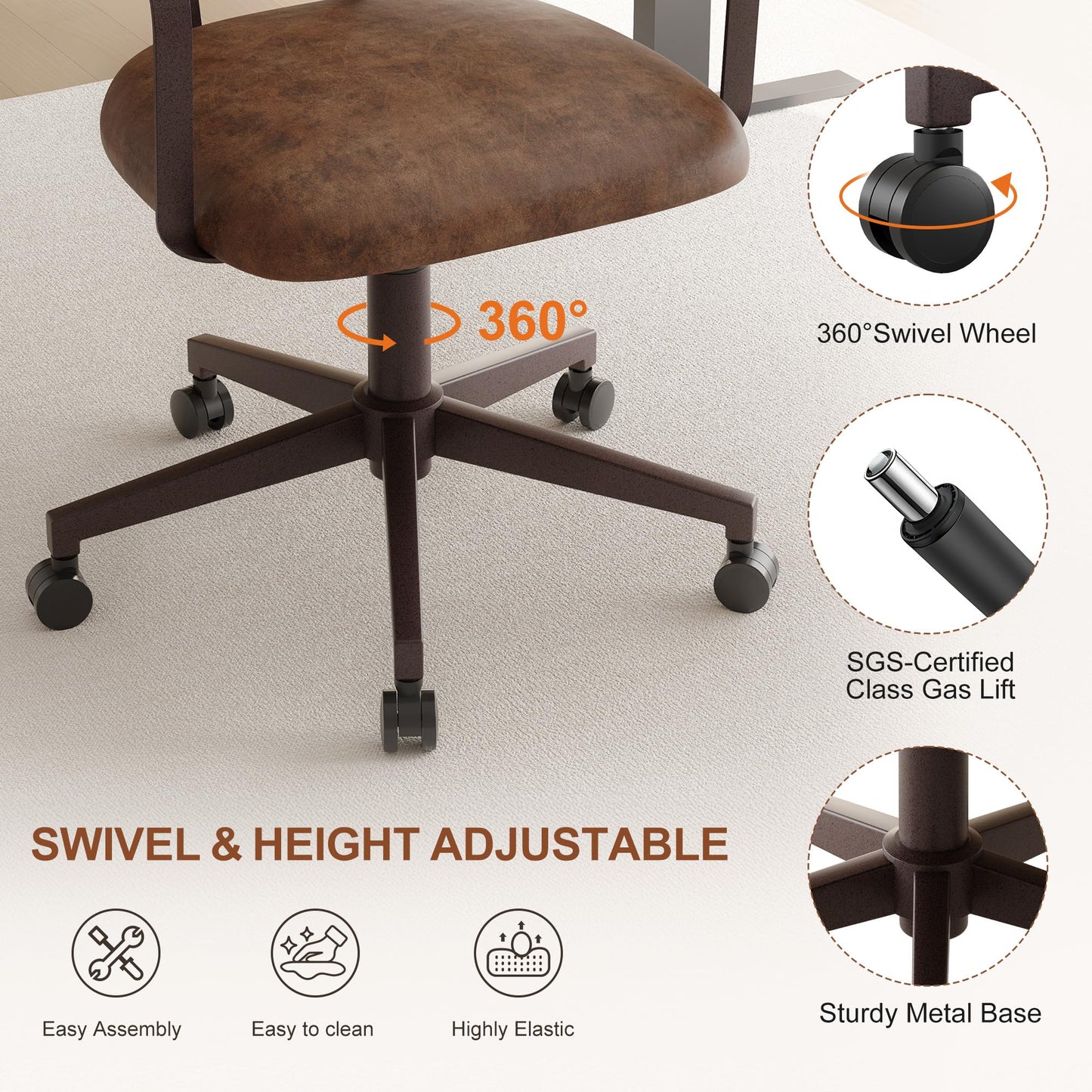 BFZ Mid Century Retro Home Office Desk Chair with Back, Faux Leather Adjustable Height Rolling Swivel Computer Task Armrests Chair for Home Office, Brown