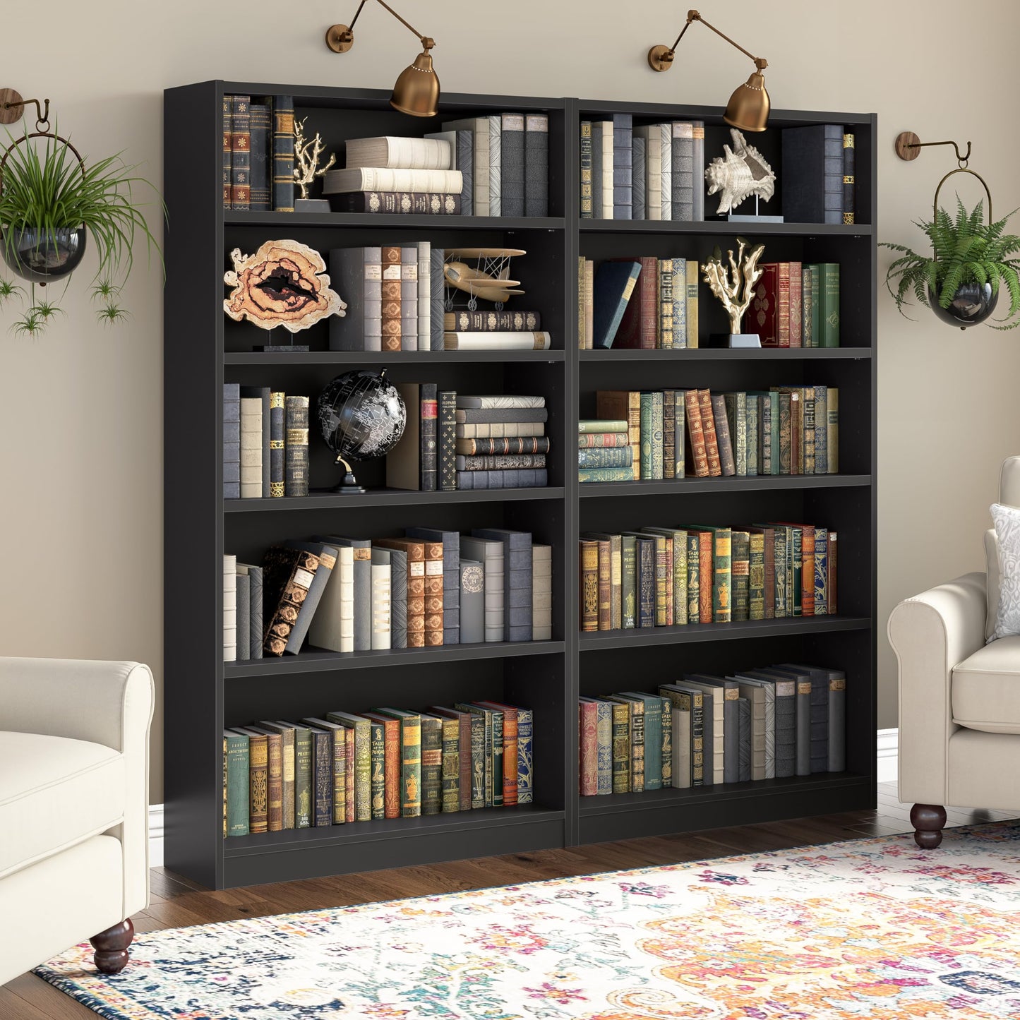 Bush Home Universal Tall 5 Shelf Bookcase in Black, Vertical Storage and Display Bookshelf for Home Office or Living Room Organization