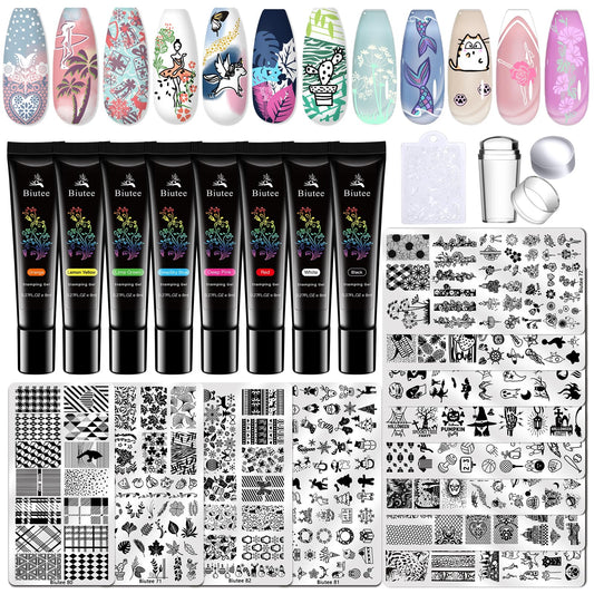 Biutee Nail Stamper Kit 22Pcs Gel Nail Stamping Kit 12Pcs Nail Stamping Plates 8Pcs Stamping Polish Gel, Silicone Stamper Scraper Flower Lace Star Stripe Holiday Stamp Template Gift for Women
