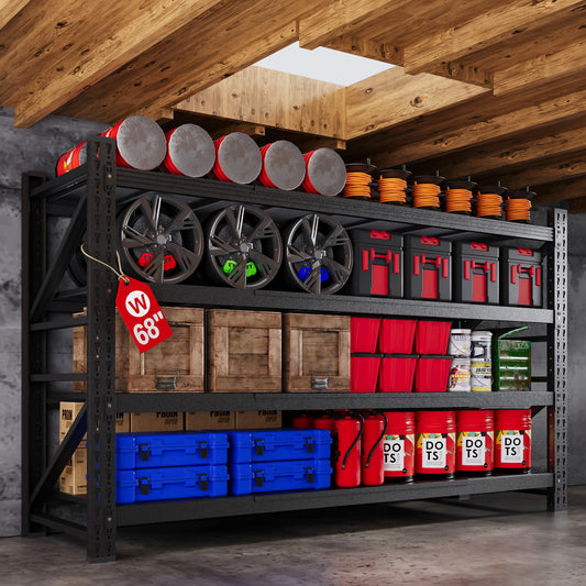 68”W Garage Shelving Units, 8000LBS Storage Shelves Heavy Duty, 24" Deep Metal Shelving Rack, 4 Tier Tall Steel Industrial Shelving , Adjustable Standing Shelf for Warehouse / Shop 68"W x 24"D x 64"H