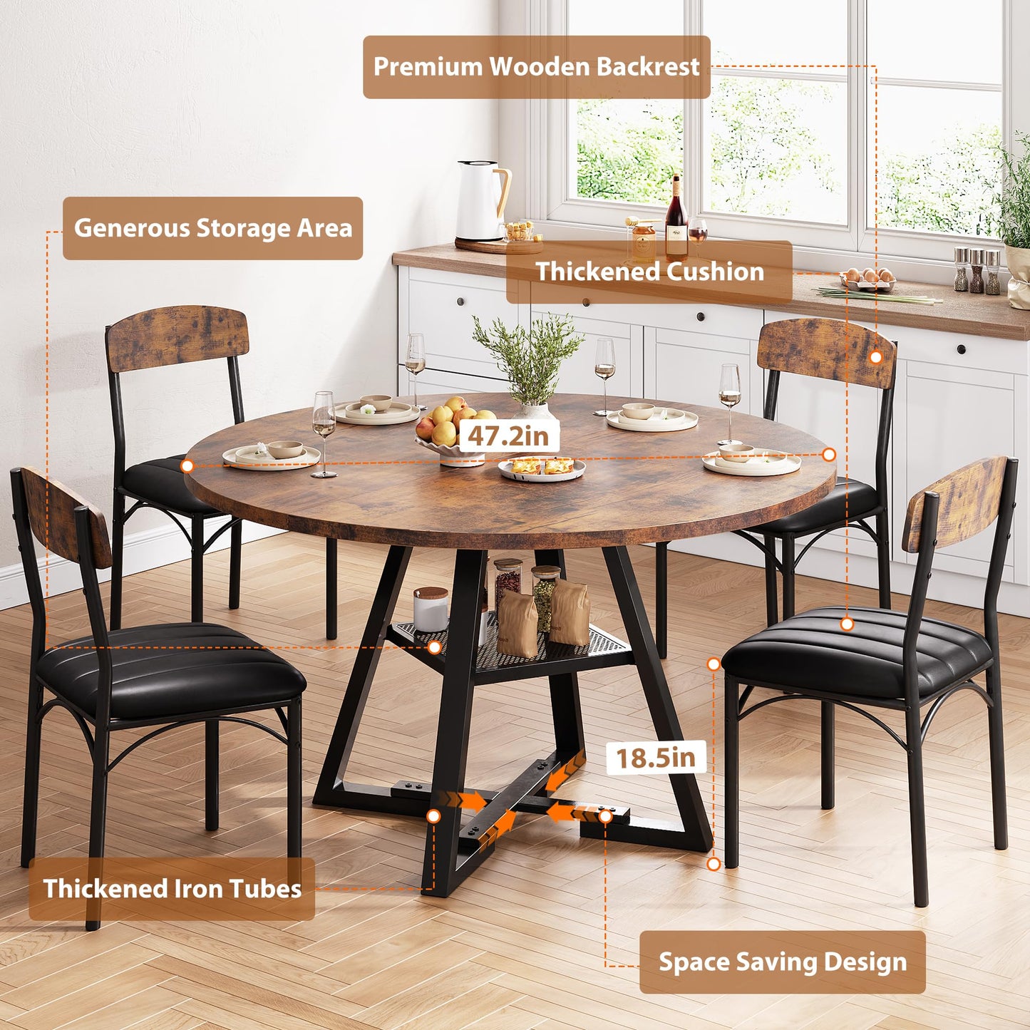 Dining Table Set for 4,Kitchen Table and Chairs for 4, Round Dining Room Table with Upholstered Chairs, 5 Piece Space Saving Circle Wood Kitchen & Dining Room Dinner Dinette Table Set (Vintage, 51In)