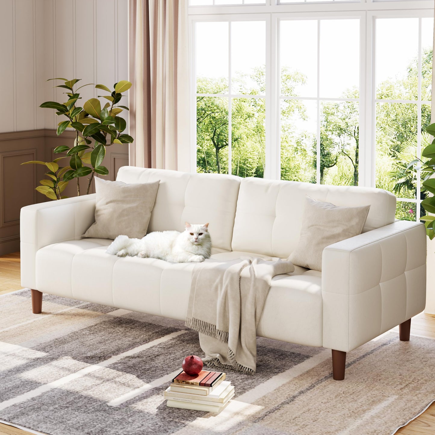 GarveeHome 3-Seater Sofa Couch, 83 in Wide Faux Leather Sofa Couch with Spring Cushion, Modern Sofa with Deep Seats and 2 Removable Back Cushions, for Living Room, Bedroom, Apartment, Office, Beige