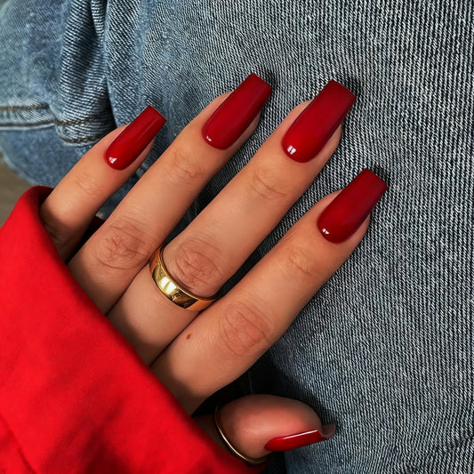KQueenest Red Press on Nails Long Medium Square, Wine Red Fake Nails Medium Coffin, Glossy Opaque Color Acrylic Nails Press ons, Reusable Soft Gel Glue on Nails for Women Finger Decoration