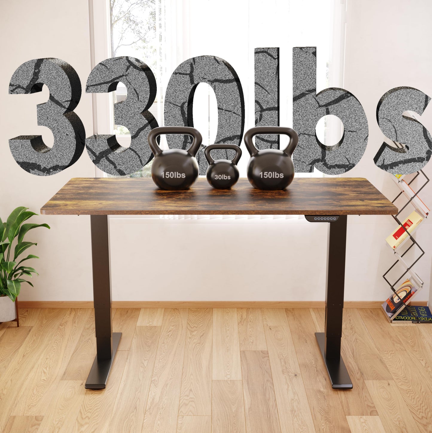 FLEXISPOT E6 MAX Dual Motor 55x28 Inch 3-Stage Heavy Duty Standing Desk, 330lbs Weight Capacity, Height Adjustable Desk w/Cable Management & Wheels (Seamless Special Walnut Desktop + Black Frame)