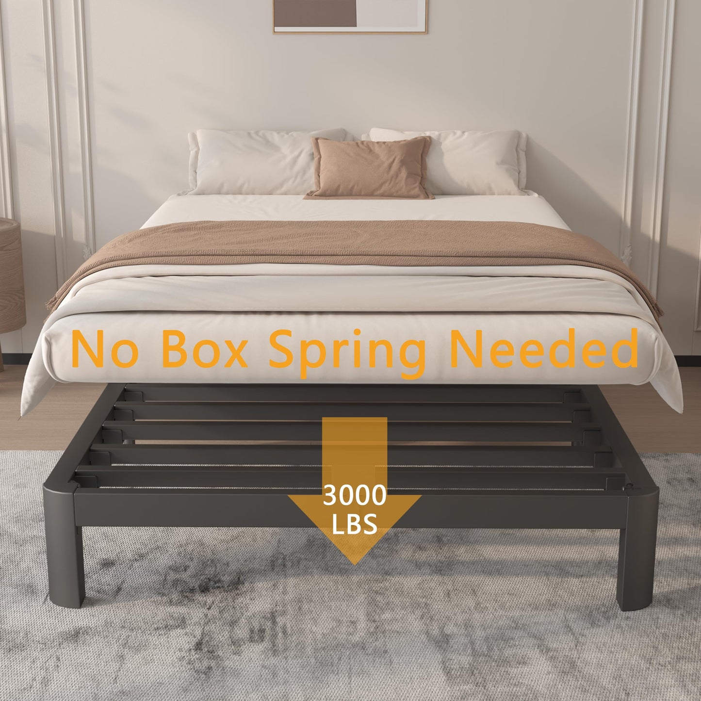HQU 6 Inch Twin Size Bed Frame with Metal Gaskets, No Box Spring Needed, DIY Headboard, Heavy Duty Steel Slat Support, Anti-Slip Mattress Stopper, Round Corner Leg, Easy Assembly, Black