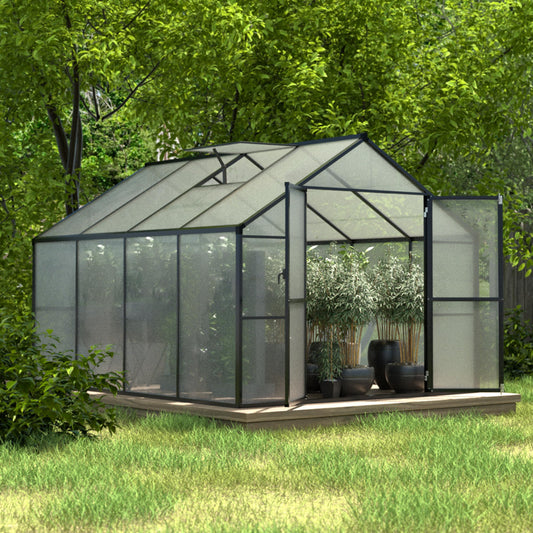 Yardenaler 8x8 FT Outdoor Greenhouse Kit, Polycarbonate Aluminum Walk-in Greenhouse with Adjustable Roof Vent and Lockable Door, Backyard Garden in Winter, Gray