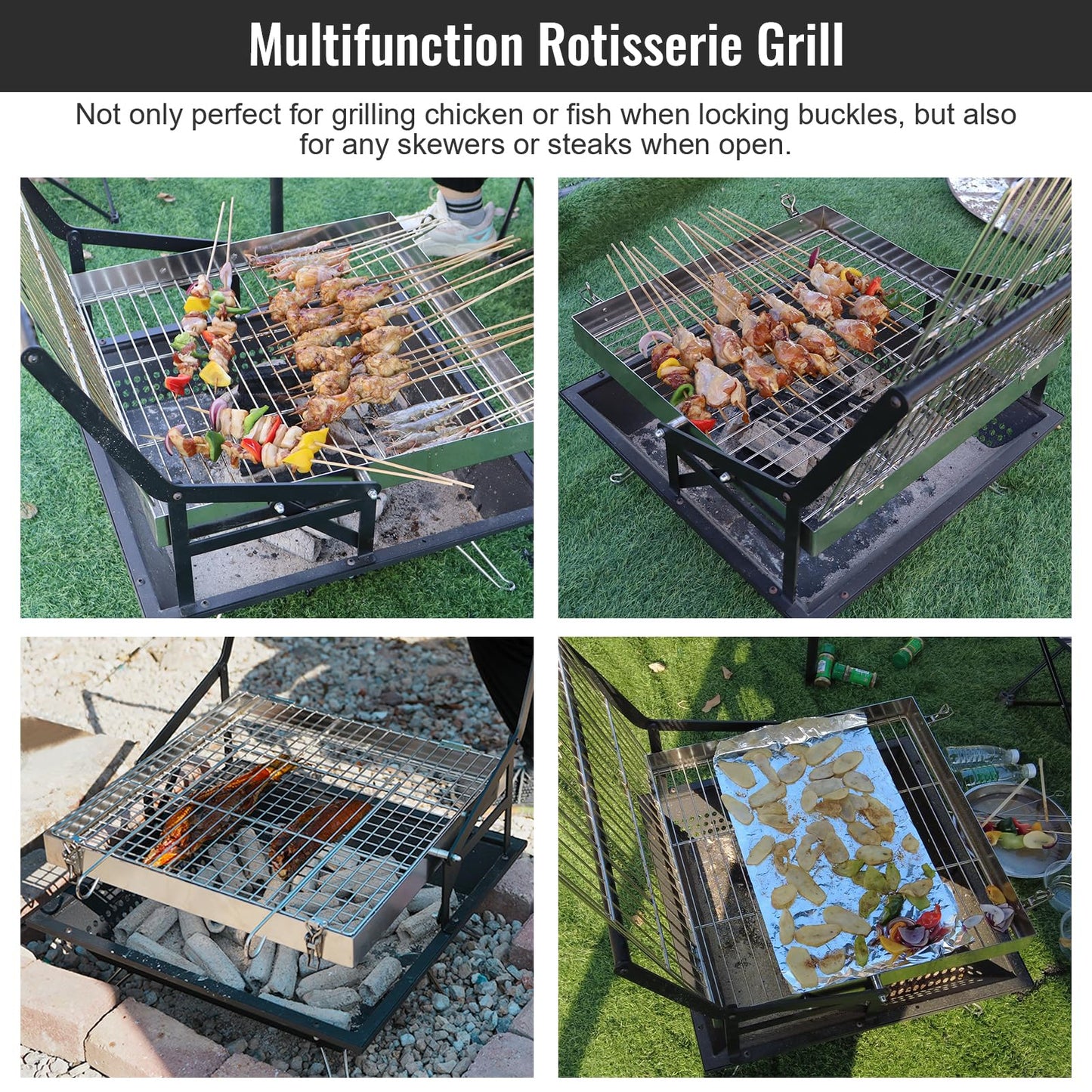 BiggerFire 360° Rotating Charcoal Grills,Stainless Steel Flipping Barbecue Grill for Camping BBQ Picnics Beach Party Cooking Outdoor Garden Yard