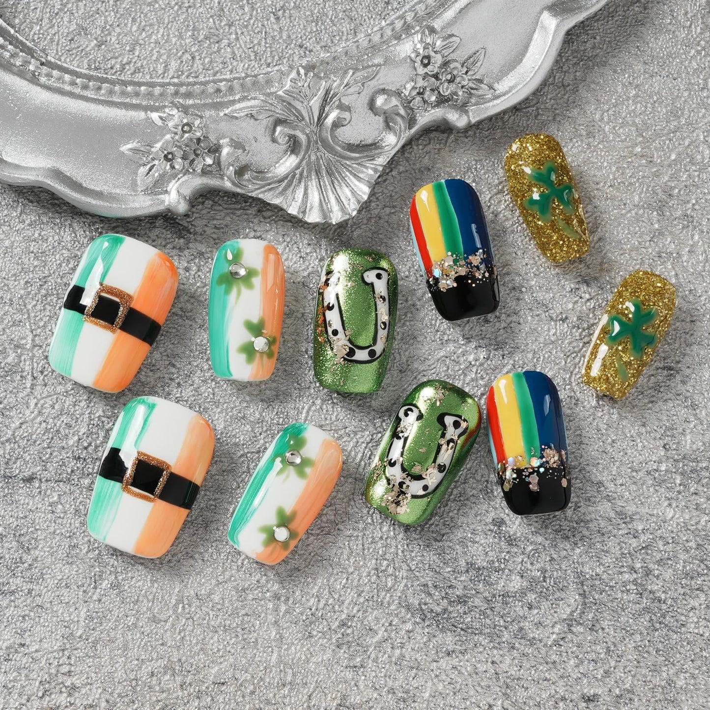 Tesytto Medium Square Press on Nails - Irish Flag Green White Orange Nails with Lucky Shamrock & Belt Design, Rainbow & 3D Gold Glitter Spring Summer Fake Nails (Size S)