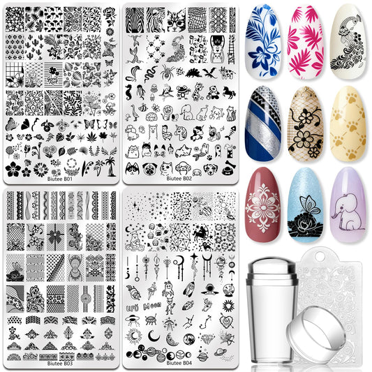 Biutee Nail Stamping Plate Nail Stamper Kit with Stamper & Scraper, Large Nail Art Stamping Plate French Line Lace Flower Leaves Animal Star Space Design DIY Nail Stamping Kit