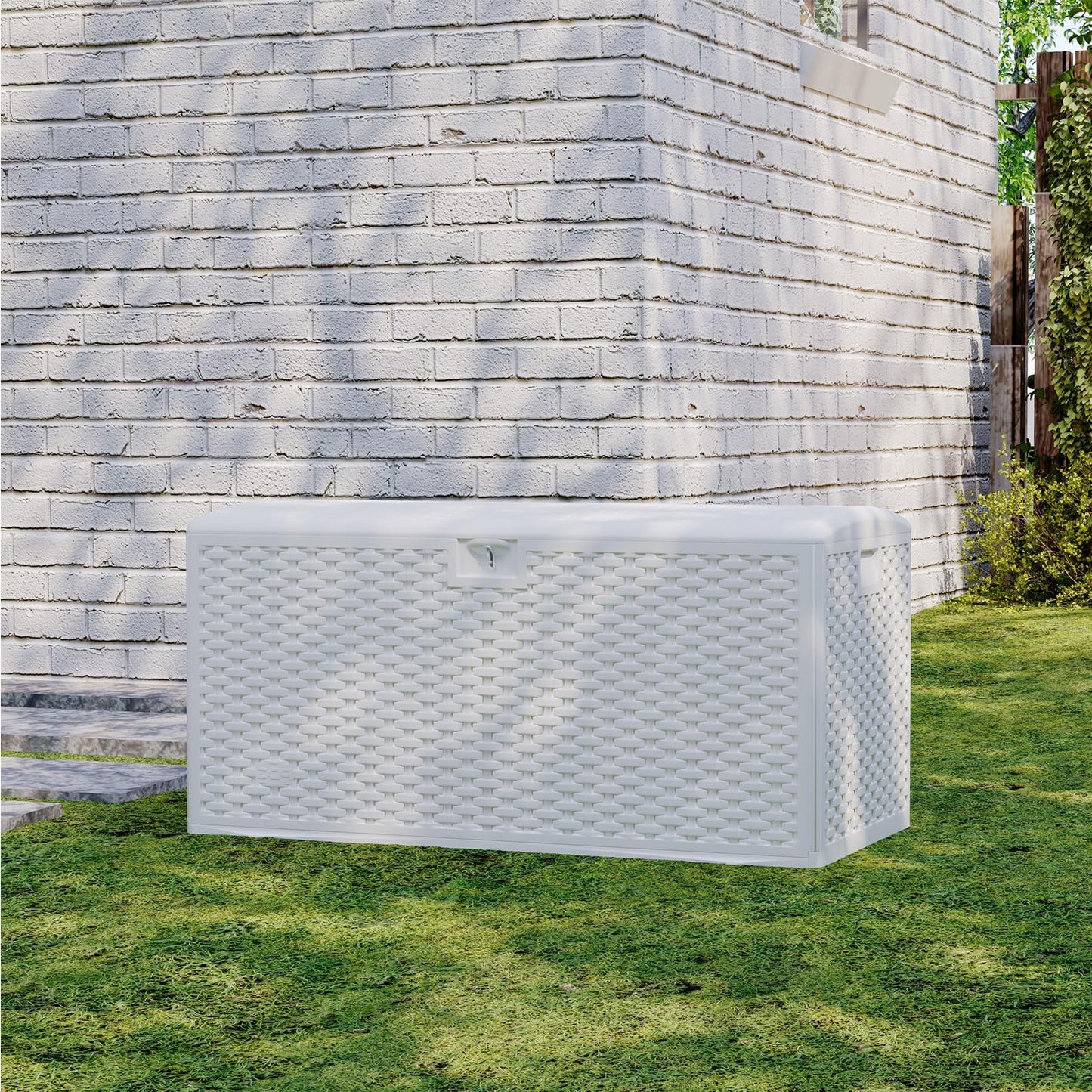 Garvee 120 Gallon Waterproof Large Resin Deck Box Indoor Outdoor, Lockable Storage Container for Patio Furniture Tools, Waterproof Deck Box with Hydraulic Rod Patio Storage Bin for Pool Garden, White