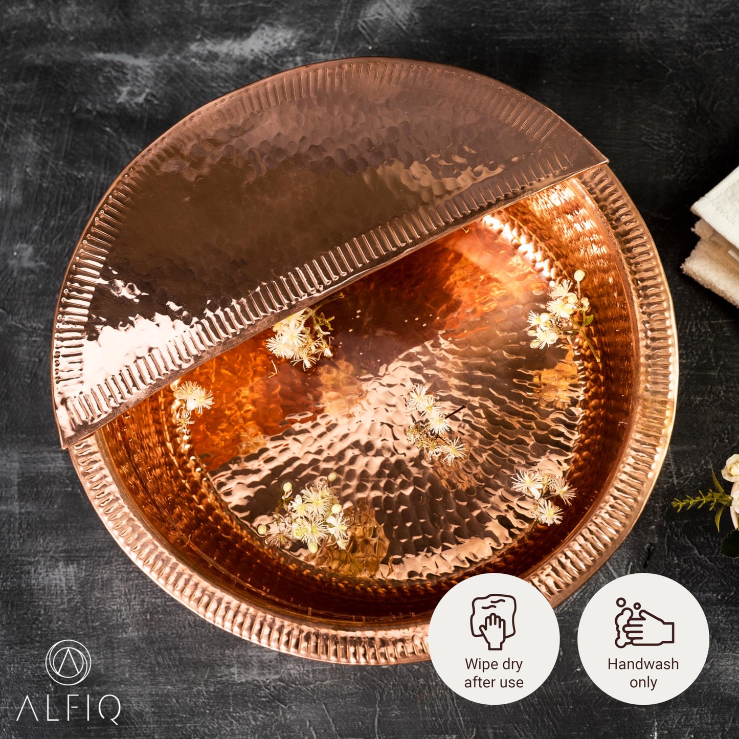 Alfiq 100% Solid Copper Foot Bowl with Removable Footrest, Hand Hammered Large Relaxation Pedicure Basin, 10-20" Sizes, for Spa & Pedicure (12 Inches)