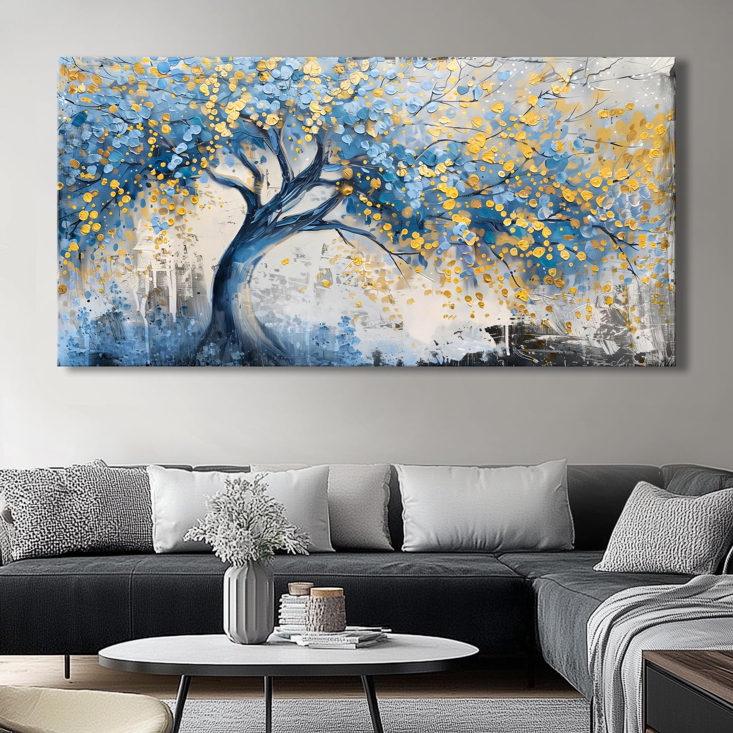Wall Art Tree of blue Life Abstract Canvas Painting Textured Picture, Modern Landscape Artwork Framed for Living Room Bedroom Bathroom Office Home Decor 40x20in