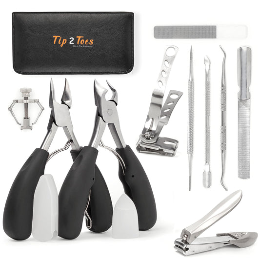 TIP2TOES 10 Pcs Ingrown Toenail Clippers for Seniors Thick Toenails- Heavy Duty Podiatrist Toe Nail Cutter for Men, Professional, and Adults- Easy Grip Handle Stainless Steel Sharp Curved Grooming Kit