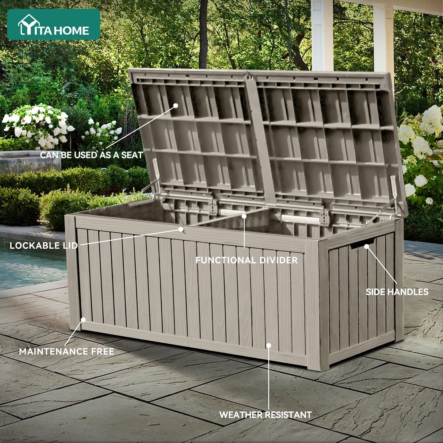 YITAHOME 150 Gallon Large Deck Box w/Divider, XL Waterproof Outdoor Storage for Patio Furniture,Outdoor Cushions, Garden Tools, Sports Equipment and Pool Supplies, Resin, Lockable, Taupe