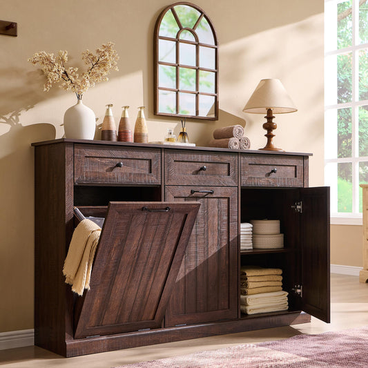 IFBUY Triple Tilt Out Laundry Hamper Cabinet, 20 Gallon Farmhouse Trash Can Cabinet w/Drawer & Adjustable Shelf, Hidden Garbage Can Bin Cabinets w/Laundry Basket for Bathroom, Kitchen (Brown)
