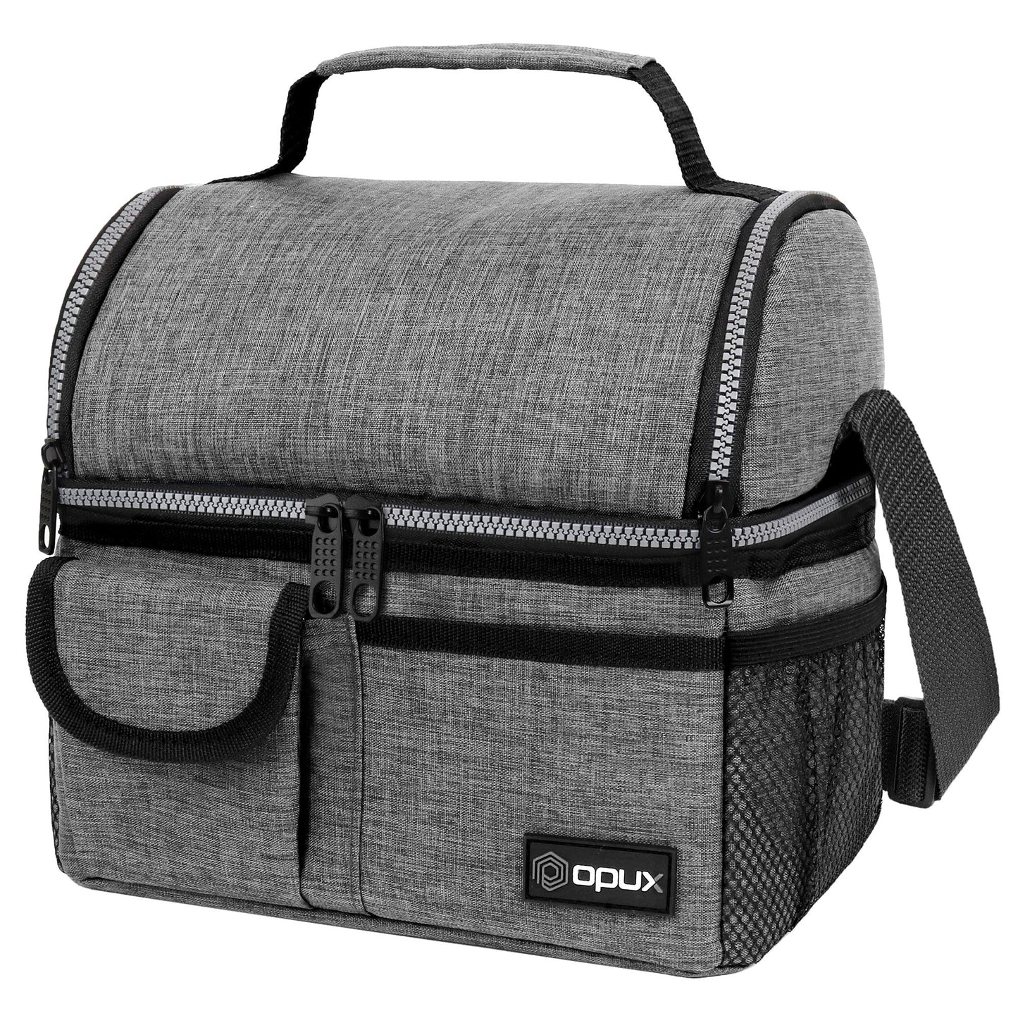 opux Insulated Lunch Bag Women Men, Dual Compartment Leakproof Lunch Box Adults Kids, Double Decker Meal Prep Bento Lunch Cooler Tote with Shoulder Strap for Work Office School Travel, Gray