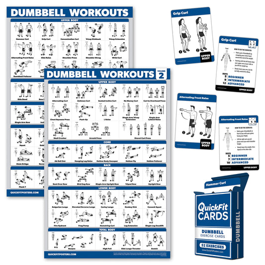 Palace Learning 3 Pack: Dumbbell Workout Exercise Posters Volume 1 & 2 + Dumbbell Exercise Playing Card Set (LAMINATED, 18" x 24")