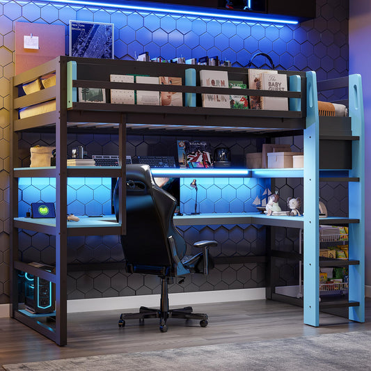 Merax Twin Size Wood Loft Bed with Desk, Side Storage Rack, Multi-Storage Shelves and USB Ports, Space-Saving Loft Bed for Teens, Adults, Blue