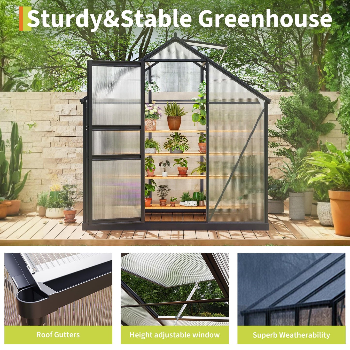 6x6FT Walk-in Greenhouses for Outdoors, Heavy Duty Polycarbonate Green House with Quick Setup Structure, Roof Vent, Push-Pull Lockable Door, Aluminum Green House for Garden Backyard, Patio, Lawn
