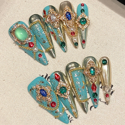Luxury Press on Nails 10Pcs – Handmade Turquoise Gemstone Nails with Pearls & Rhinestones – Long Coffin Acrylic False Nails with Gold Foil – Jeweled Bling Fake Nails for Party Wedding