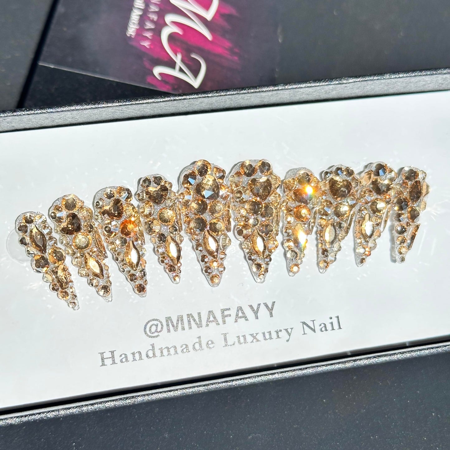 MNAFAYY Luxury Gems 100% Handmade Nails Gold Long Stiletto Press On Nails Full Cover 3D Rhinestone Crystal Gorgeous Reusable UV Finished Fake False Nails Acrylic Nail Kit With Box Gifts for Women L