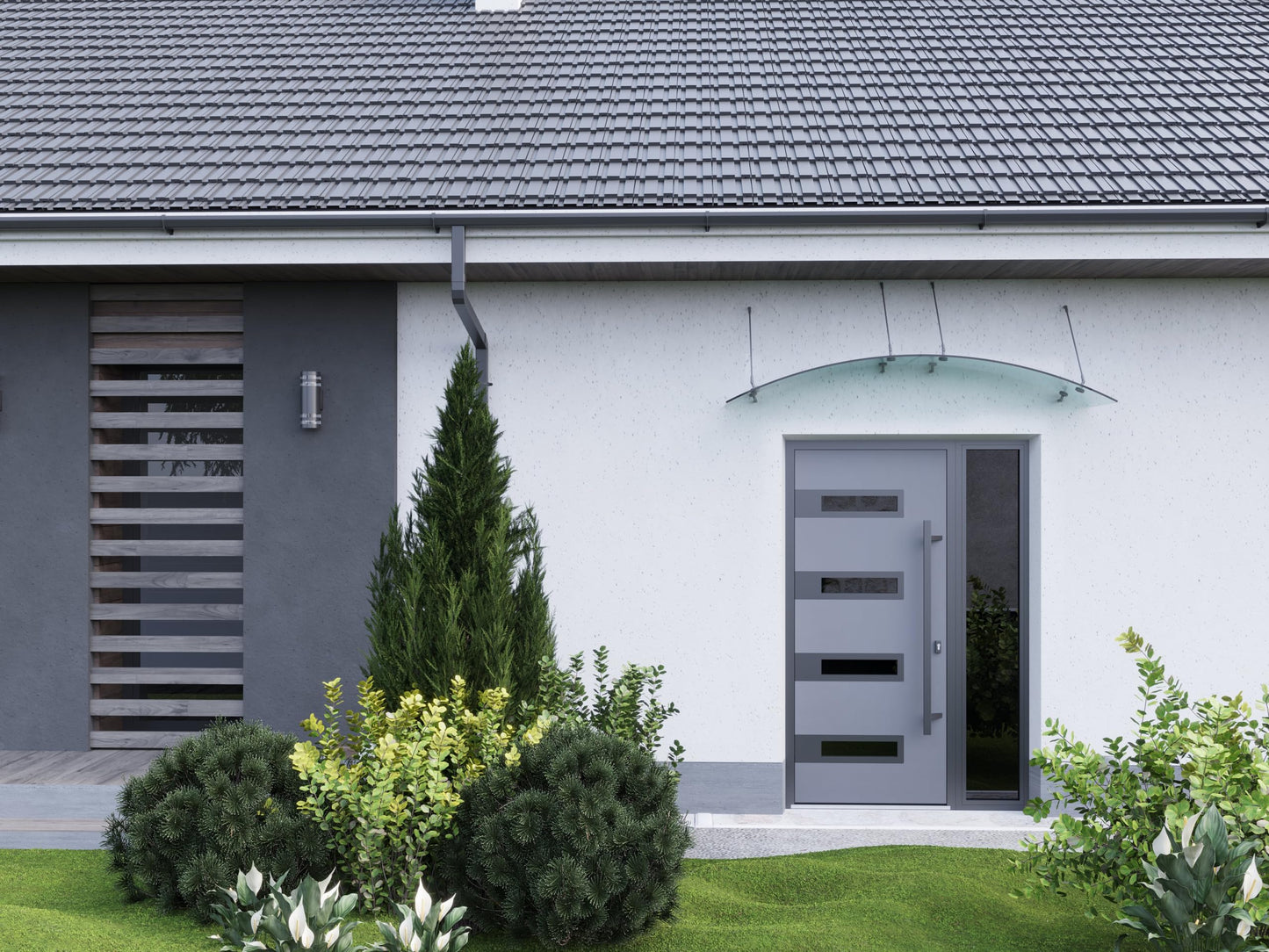 Front Exterior Prehung Steel Door/Ronex 0131 Grey/Side Exterior Window Sidelite/Entry Metal Modern Painted W36+14" x H80 Left Hand Inswing
